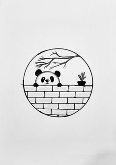 a drawing of a panda sitting on top of a brick wall with trees in the background