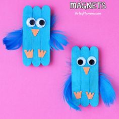 two blue birds made out of popsicle sticks on a pink background with the words baby bluebird magnets