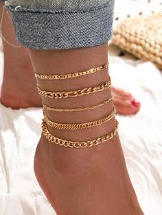 Color: Gold Gender: Women Type: Anklet Material: Copper Quantity: 5 pcs Style: Fashionable IN Length 7.9-9.8 This data was obtained from manually measuring the product, it may be off by 1-2 CM. African Party Dresses, Ankle Jewelry, Beach Anklets, Ladies Clutch, Foot Jewelry, Chain Anklet, Gold Accessories, Girly Jewelry, Bracelet Collection