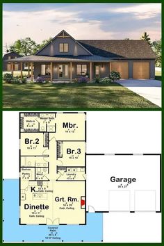 two story house plans with garage and living room in the front, one bedroom on the second