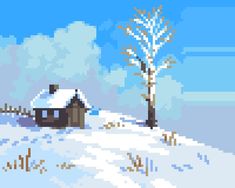 a pixellated image of a snowy landscape with a house and tree in the foreground