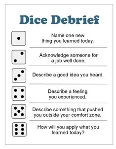 dice debrief card with the words, name one new thing you learned today