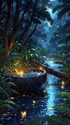 a painting of a pond with fireflies in the water and trees around it at night