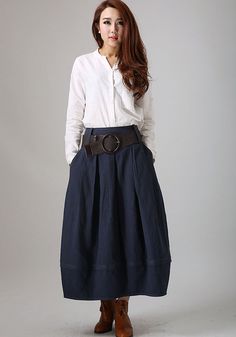 Blue skirt woman linen skirt pleated skirt custom made long skirt (778) Navy Knee-length Bottoms With Pockets, Solid Color Cotton Skirt For Work, Cotton Skirt For Work In Solid Color, Cotton Workwear Skirt In Solid Color, Chic Long Denim Skirt With Pockets, Navy Work Skirt With Pockets, Navy Workwear Skirt With Pockets, Navy Casual Pleated Skirt Bottoms, High Waist Cotton Pleated Skirt For Work