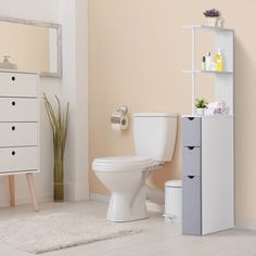 a white toilet sitting in a bathroom next to a tall cabinet with shelves on it