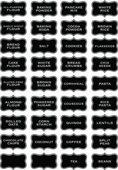 black and white labels with different types of food in each one, including coffee beans