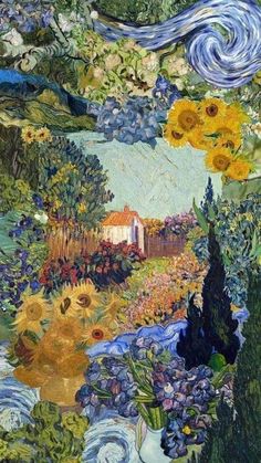 a painting with sunflowers and other flowers in the foreground, on a blue sky background