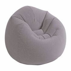 a grey bean bag chair sitting on top of a white floor