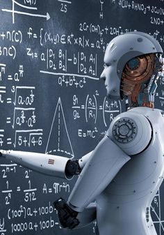 a robot is pointing at a blackboard with numbers on it and writing on it