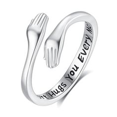 PRICES MAY VARY. 🤗 STERLING SILVER - Crafted from 925 silver, this hug ring is made to shine and last. The sterling silver material ensures durability and a stunning, polished look. 🤗 HUG RING - It represents a warm and heartfelt embrace, conveying love, comfort, and a deep connection between two individuals. It serves as a reminder of the bond shared and the support given to each other. 🤗 ENGRAVED "MY HEART HUGS YOU EVERY MOMENT" - This ring encapsulates the essence of love and affection. Th Personalized Sterling Silver Rings For Friendship, Personalized Silver Friendship Rings, Friendship Sterling Silver Ring, Meaningful Silver Rings For Valentine's Day, Sterling Silver Friendship Ring, Hug Rings, Heart Hugs, Hug Ring, Rings Cute