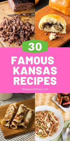 some food that is on top of a wooden cutting board with the words 30 famous kansas recipes