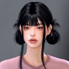 an animated image of a woman with long black hair and bangs, wearing a pink shirt