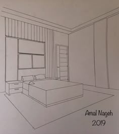 a drawing of a bedroom with a bed and dressers