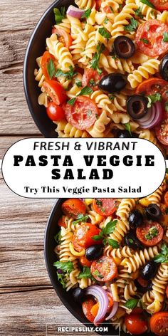 fresh and vibrant pasta salad with tomatoes, black olives, red onion, tomato, parsley in a skillet