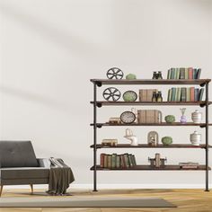 a living room with a couch, chair and bookshelf