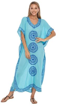 Beautiful long kaftan with embroidered trim. Lightweight swimwear coverup for any beach day! Stylish bohemian look with the handcrafted feel. Blue Bohemian Dress For Pool, Blue V-neck Maxi Dress For Poolside, Light Blue Embroidered Beach Dress, Bohemian V-neck Kaftan For Pool, Light Blue V-neck Maxi Dress For Beach, Light Blue V-neck Maxi Dress For The Beach, Blue Bohemian Cover-up For Beach Party, Light Blue Maxi Dress For Beach Cover-up, Bohemian Kaftan For Pool And Beach Season