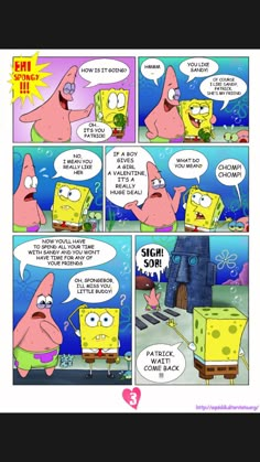 a comic strip with spongebob and other characters talking to each other in the background