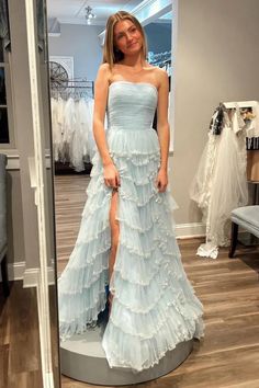 Layered Tulle Prom Dress, Tiered Prom Dress, A Line Long Dress, Ruffle Prom Dress, Light Blue Prom Dress, Green Homecoming Dresses, Black Homecoming Dress, Strapless Prom Dress, Tulle Homecoming Dress