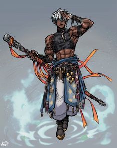 a drawing of a man with two swords in his hands and wearing an outfit that has stars on it