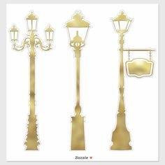 gold street lamps and signs on white background