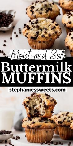 chocolate chip muffins with text overlay that reads, meet and set buttermilk muffins