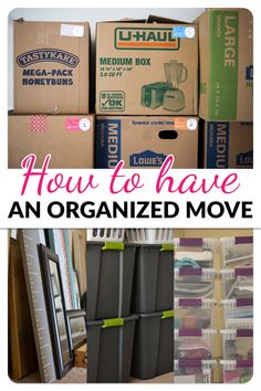 how to have an organized move with boxes and bins on the floor in front of it