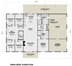 the main level floor plan for a home with three bedroom and two bathrooms, including an office