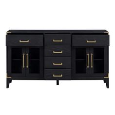 a black and gold sideboard with two doors, three drawers and one door open