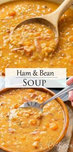 ham and bean soup in a bowl with a wooden spoon