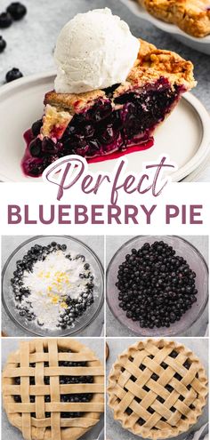 blueberry pie with ice cream on top and four different pictures showing the same pie