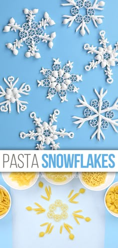 pasta and snowflakes cut out from paper on a blue background with text overlay that says pasta and snowflakes