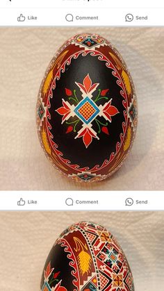 three different pictures of an egg with designs on it, and the same one has been painted