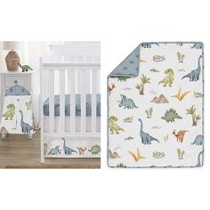 a baby crib bedding set with dinosaurs on it and a white crib