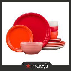 red and white dinnerware with the words macy's on it in black lettering