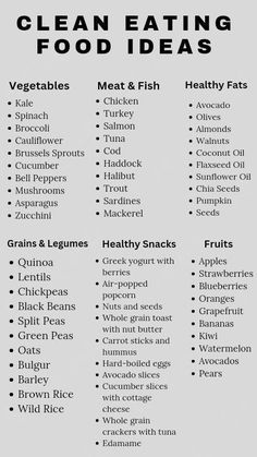 a list of clean eating food ideas for the whole body, including vegetables, meat and fish