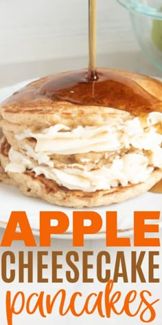 an apple cheesecake pancakes on a white plate