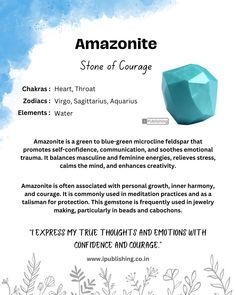 an advertisement for the amazonite stone of courage website, with information about its benefits