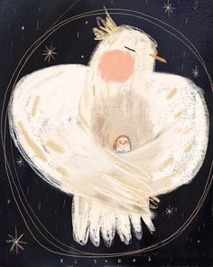 an illustration of a bird with its head in the center of a white object, surrounded by stars