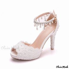 Olivia Mark - Elegant Floral Applique Tassel Ankle Strap Platform Sandals in White Wedding Platform, Lace High Heels, White Platform Sandals, White Platform, Pearl And Lace, Toe Designs, The Dance, Beaded Lace, Dance Floor