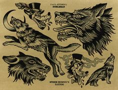 an old school tattoo design with wolfs and hats on it's back side