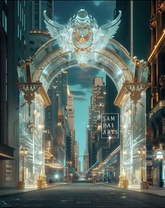 an arch in the middle of a city at night with lights and angel wings on it