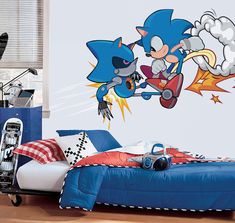 a bedroom with sonic the hedgehog wall decal