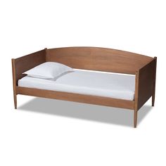 a wooden bed frame with white sheets and pillows on the bottom, against a white background