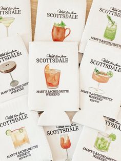 several cocktail napkins with different types of drinks on them