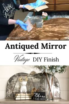 an antique mirror is displayed on top of a dresser with the words vintage diy finish