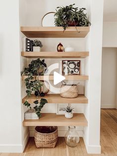 the shelves are filled with potted plants and other things on top of them,