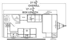 the floor plan for an rv with two bathrooms and one bedroom, including a kitchen