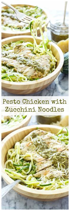 two pictures of pasta with pesto chicken and zucchini noodles in a wooden bowl