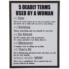 a poster with the rules for 5 deadly terms used by a woman on it