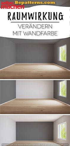 an empty room with windows and wooden flooring in the middle, there are three different views